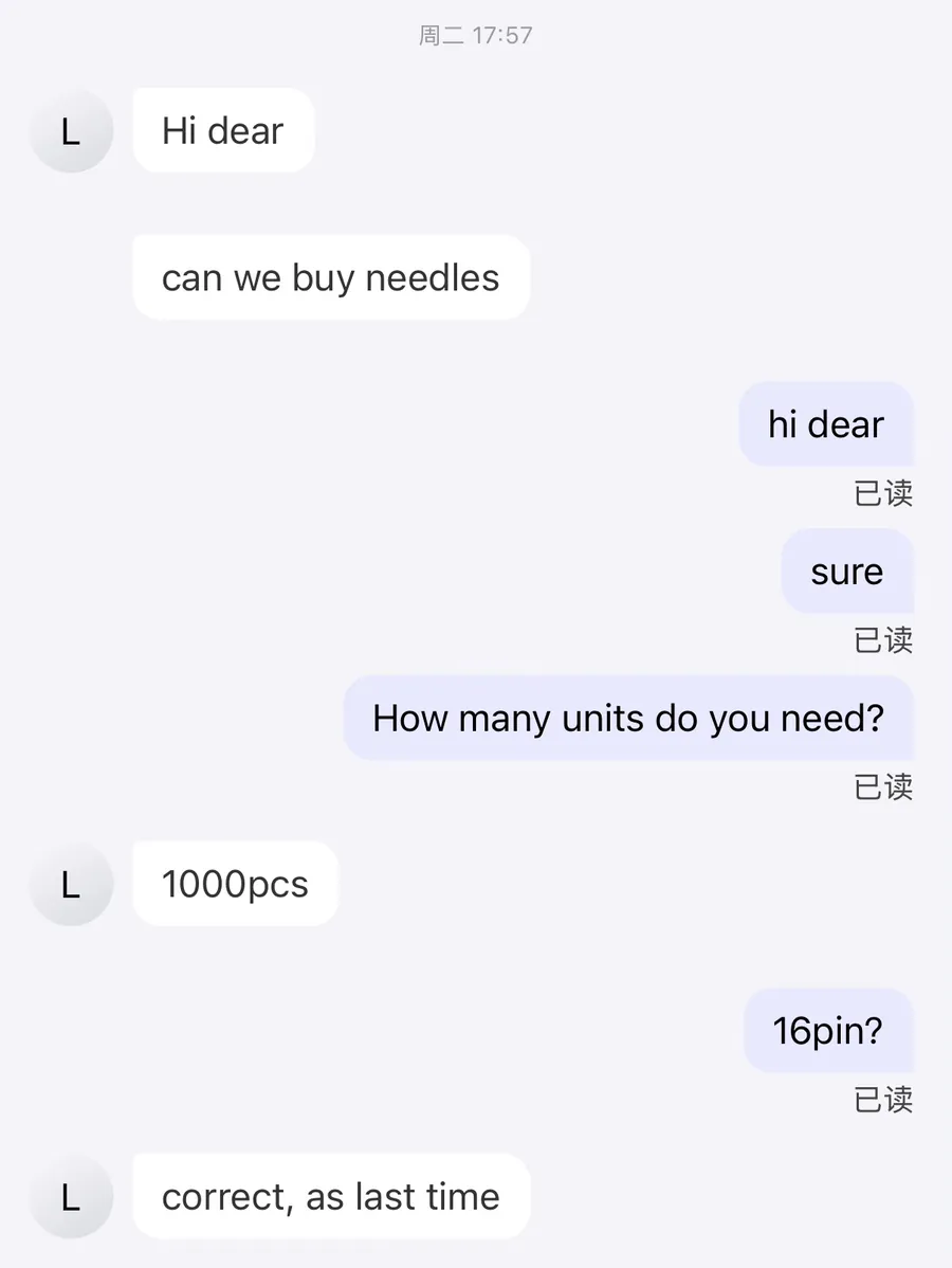 Buyer reordering 1000 needles