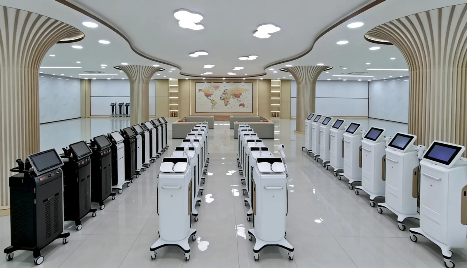Showroom with devices displayed in rows